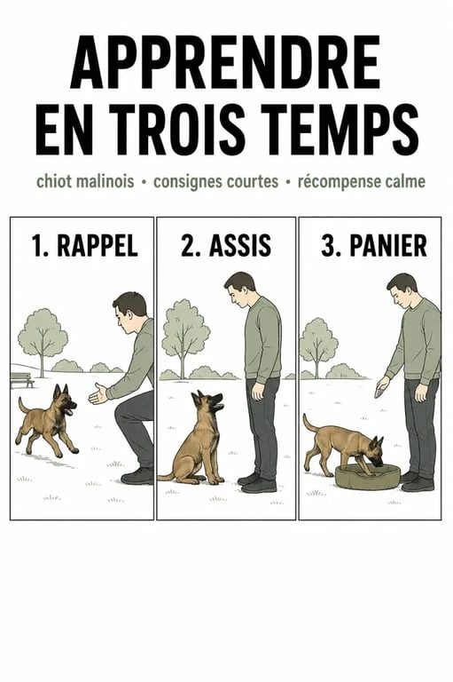 dresser un malinois : séquence visuelle d’un chiot apprenant le rappel, le assis et le retour au panier