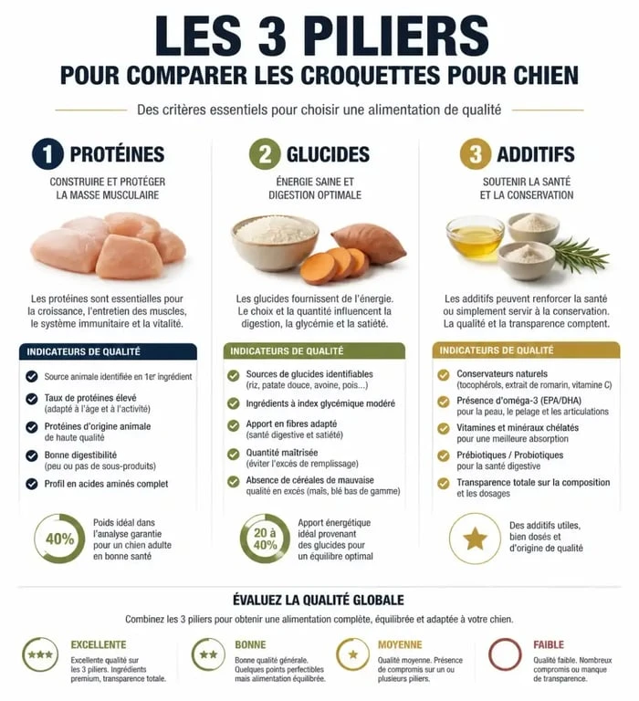 Tableau comparatif croquettes chien : critères de qualité nutritionnelle