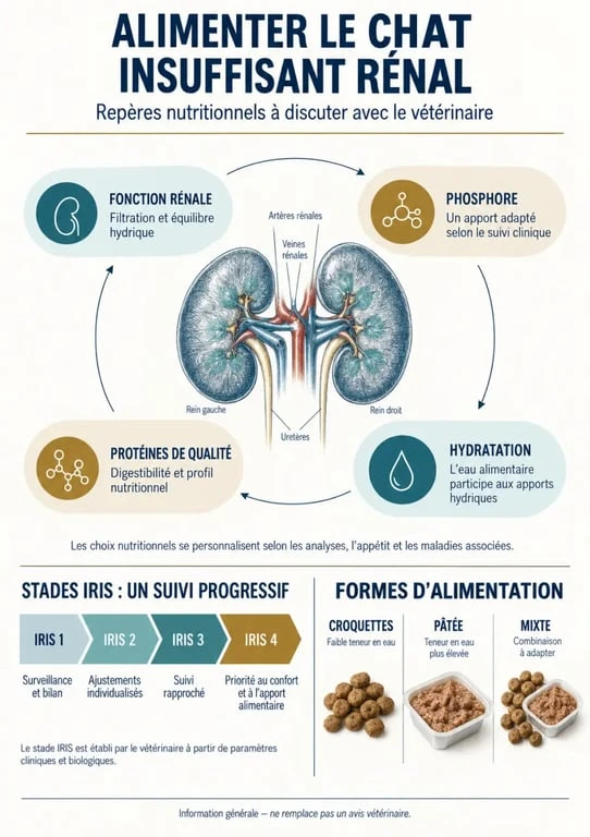 Infographie sur l’alimentation pour chat insuffisant rénal, le phosphore, l’hydratation et les stades IRIS