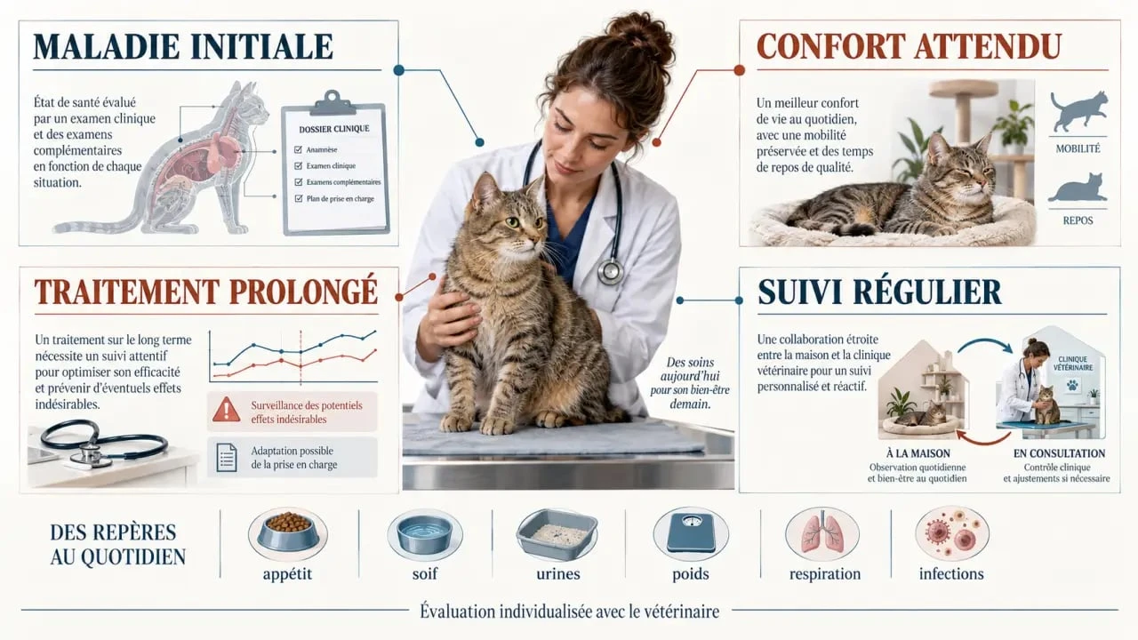Infographie sur l’espérance de vie d’un chat sous cortisone et les éléments de surveillance