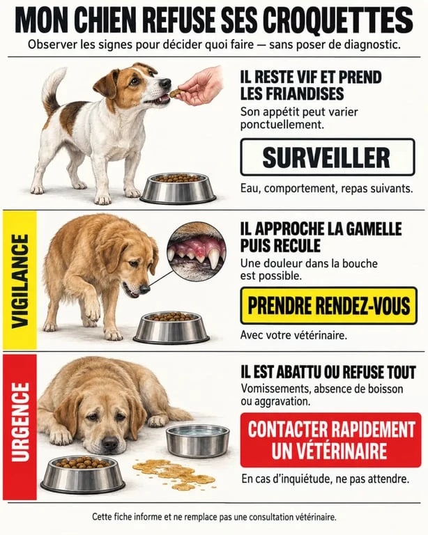 Mon chien ne veut plus manger ses croquettes : signes à surveiller et niveaux d’urgence