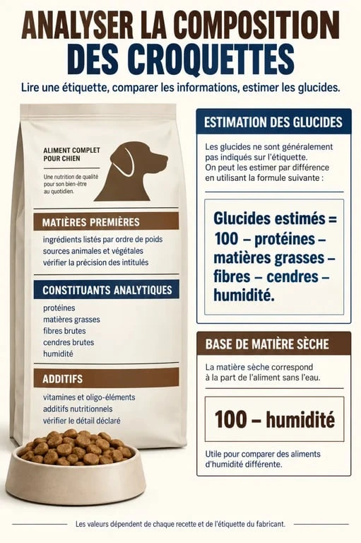 Analyse composition croquettes chien : lire l'étiquette, calculer les glucides et comparer la matière sèche