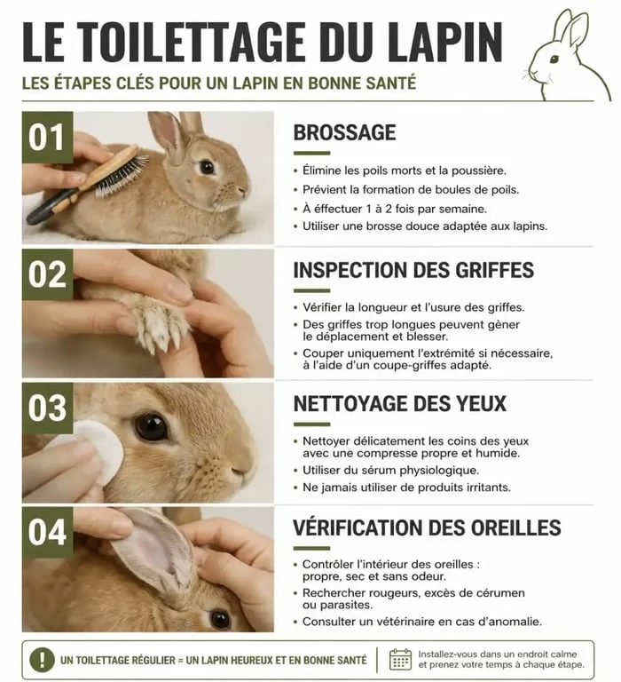 Infographie illustrant les étapes essentielles du toilettage du lapin pour une bonne santé