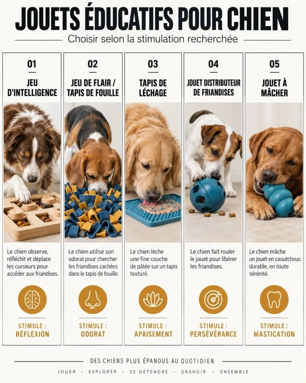 Comparatif des catégories de jouet éducatif chien selon la stimulation recherchée