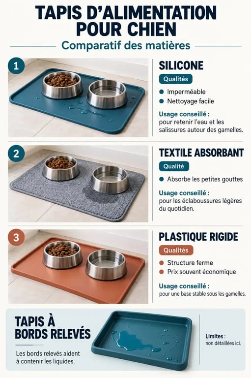Infographie comparative d'un tapis alimentation chien selon la matière et les bords relevés