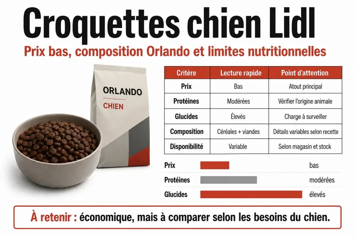 Croquettes chien Lidl : comparaison éditoriale du prix, des protéines, des glucides et de la disponibilité Orlando