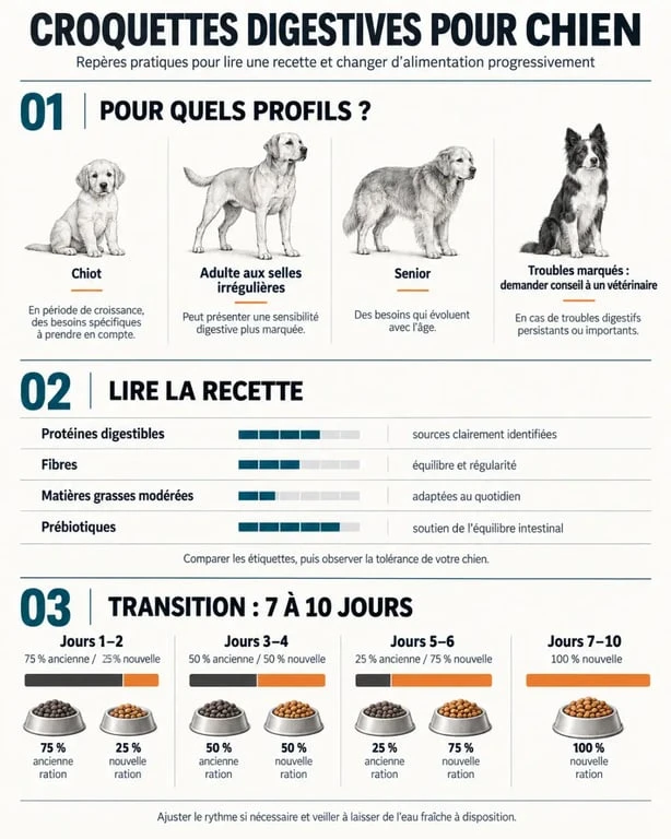 Infographie sur les croquettes digestives pour chien et les critères de choix selon le profil de l’animal