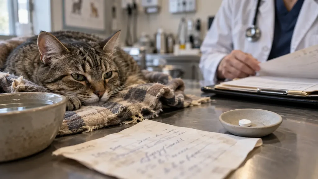 Espérance de vie chat sous cortisone : chat et vétérinaire, comprimé de prednisolone
