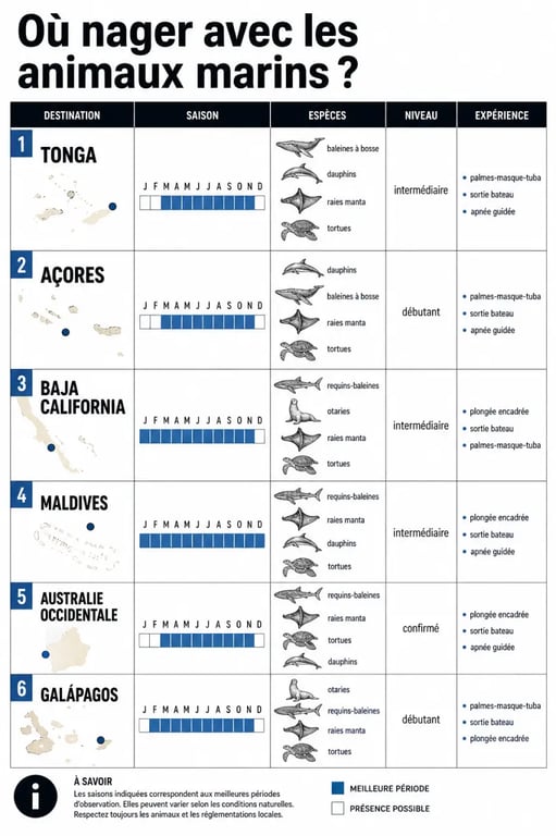 Nager avec les animaux marins lors de vos vacances : comparatif visuel des destinations, saisons et espèces marines