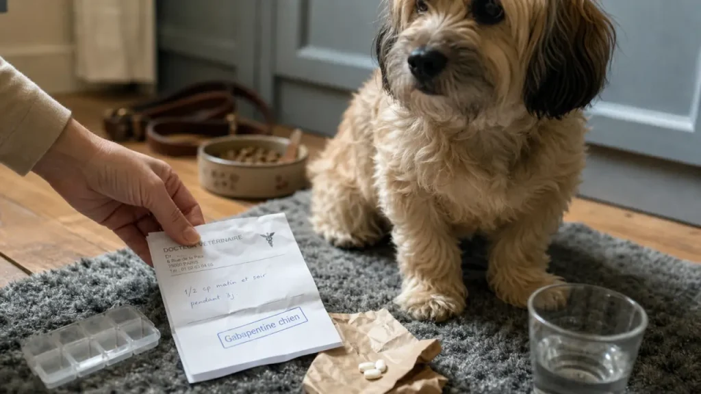 Gabapentine chien : ordonnance vétérinaire près du chien