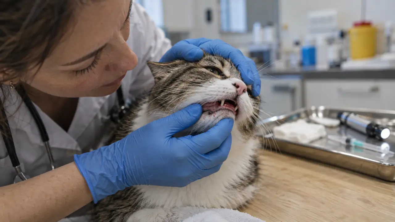 Gingivostomatite chat : bouche rouge examinée par une vétérinaire