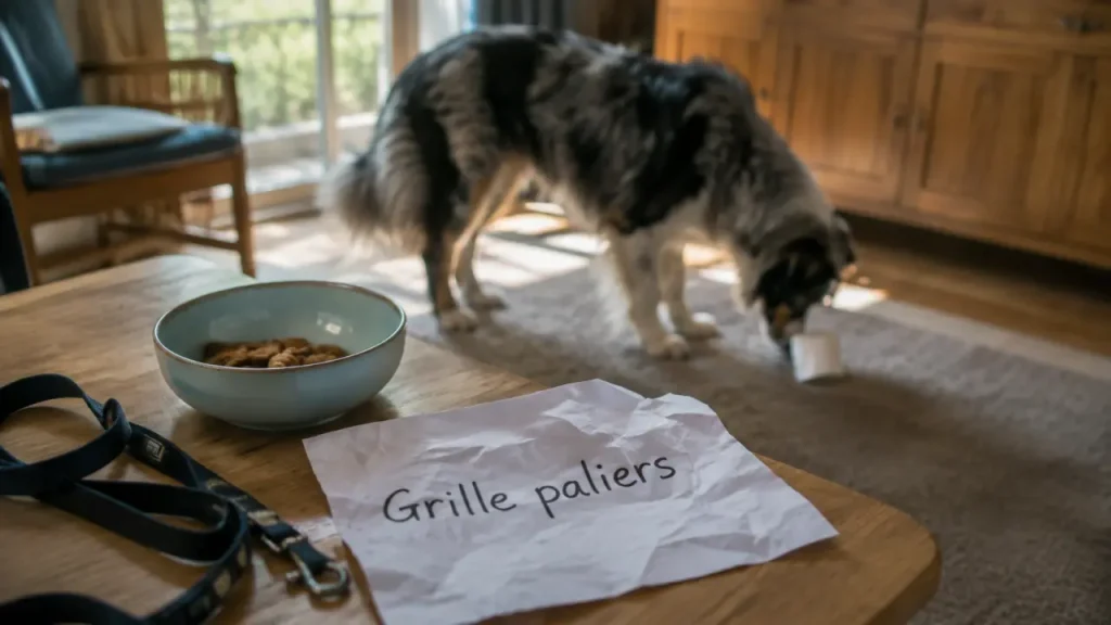 Grille paliers pour mesurer l’intelligence chien, chien et friandises sur table