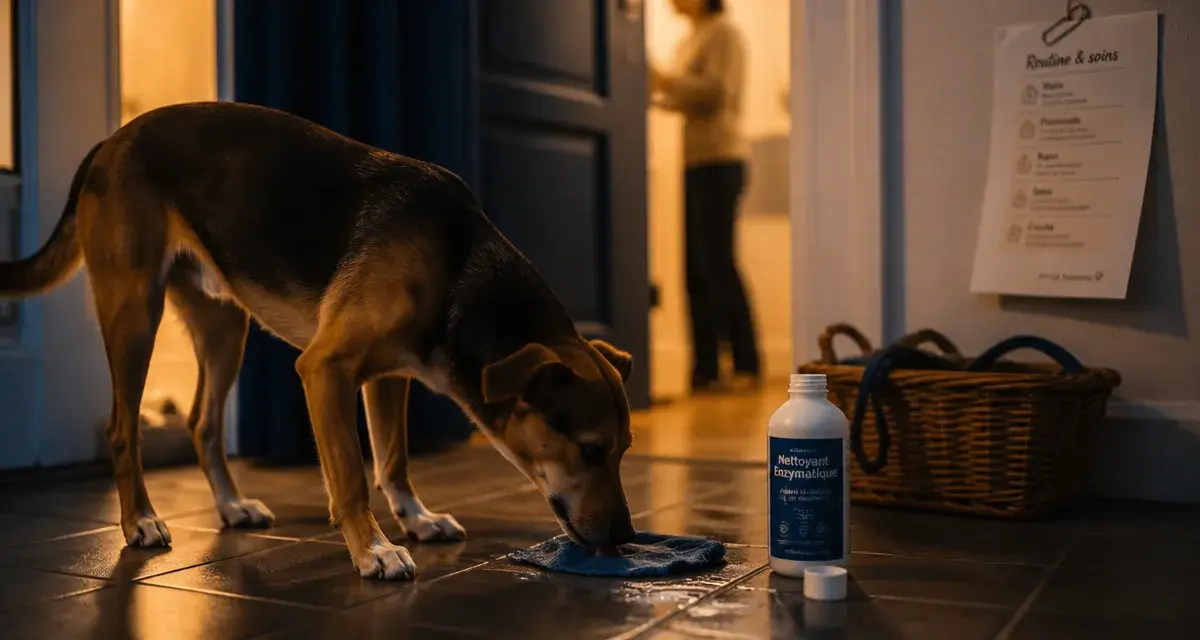 Mon chien fait caca dans la maison pour se venger : tache nettoyée et produit enzymatique