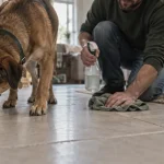 Mon chien urine dans la maison : propriétaire nettoie et désinfecte au sol