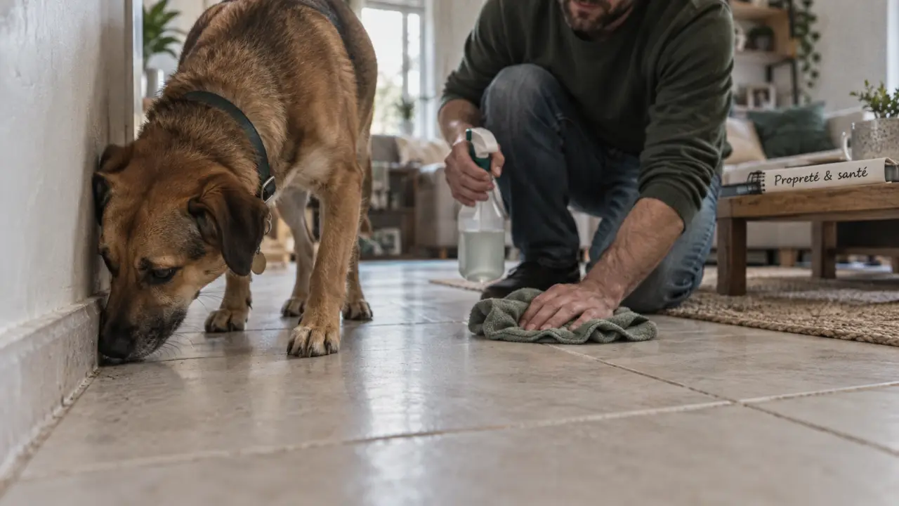 Mon chien urine dans la maison : propriétaire nettoie et désinfecte au sol
