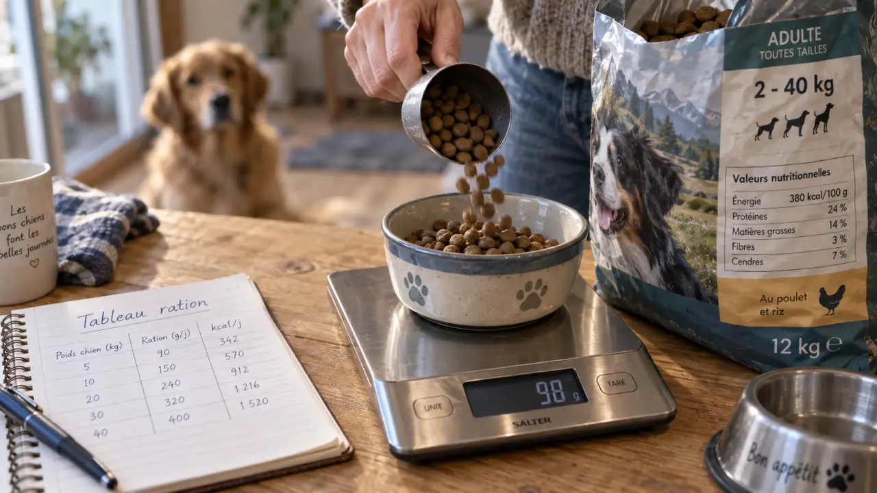 Tableau ration croquettes chien : calories et poids à peser