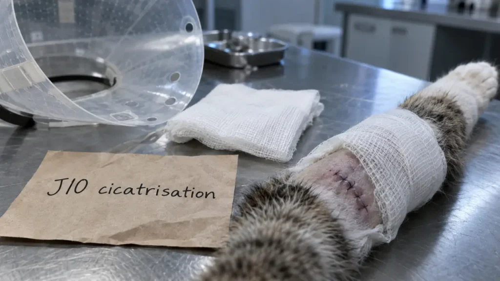 Points de suture chez le chat : environ 10 jours pour les fils, 10 à 15 jours pour la peau