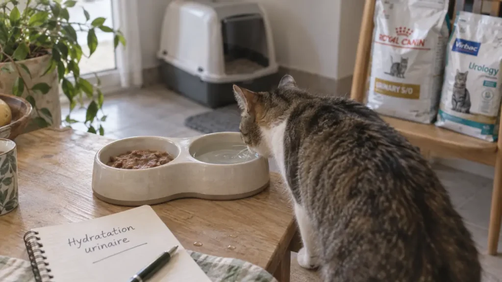 Cystite du chat : la pâtée aide à diluer l’urine, mais le régime dépend du diagnostic