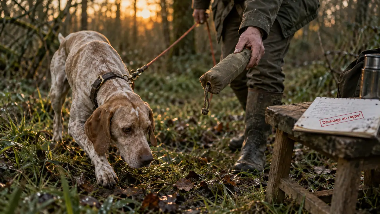 Dressage chiens de chasse : chien en longe, rappel avant la libération