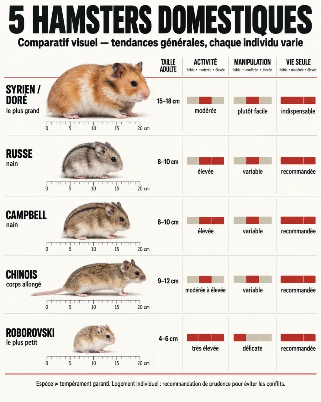 Infographie comparative des races de hamsters domestiques, de leur taille et de leurs besoins