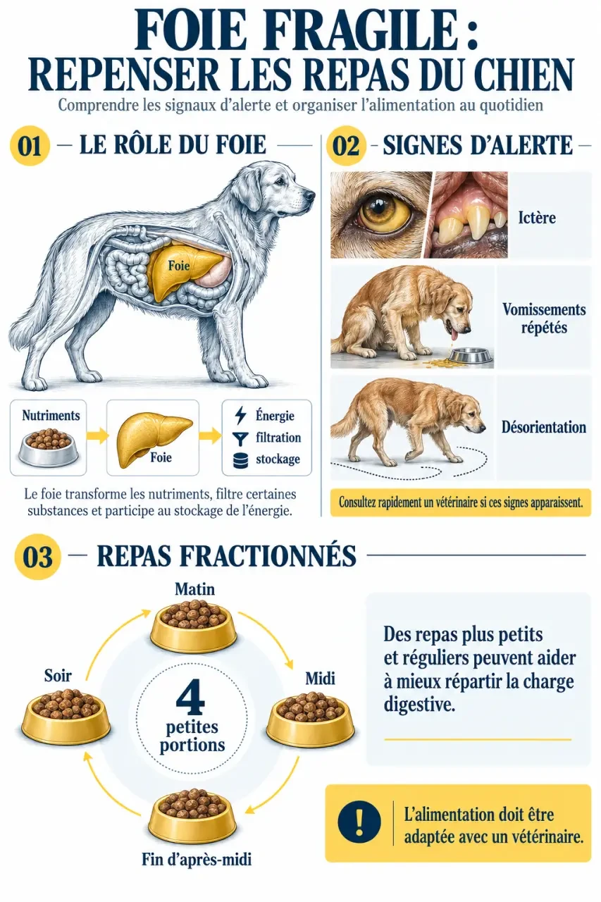 Infographie sur le problème foie chien alimentation, les signes d’alerte et les repas fractionnés