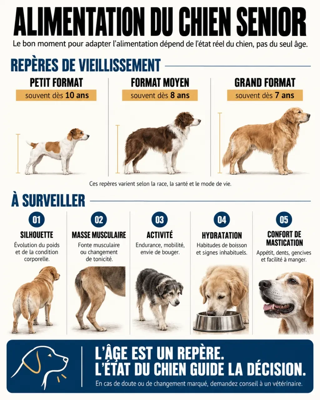 Infographie sur l’alimentation chien senior selon la taille, l’âge, l’activité et la condition corporelle