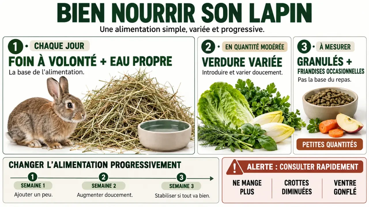 Infographie sur l’alimentation du lapin avec foin, verdure, granulés, friandises et signes d’urgence