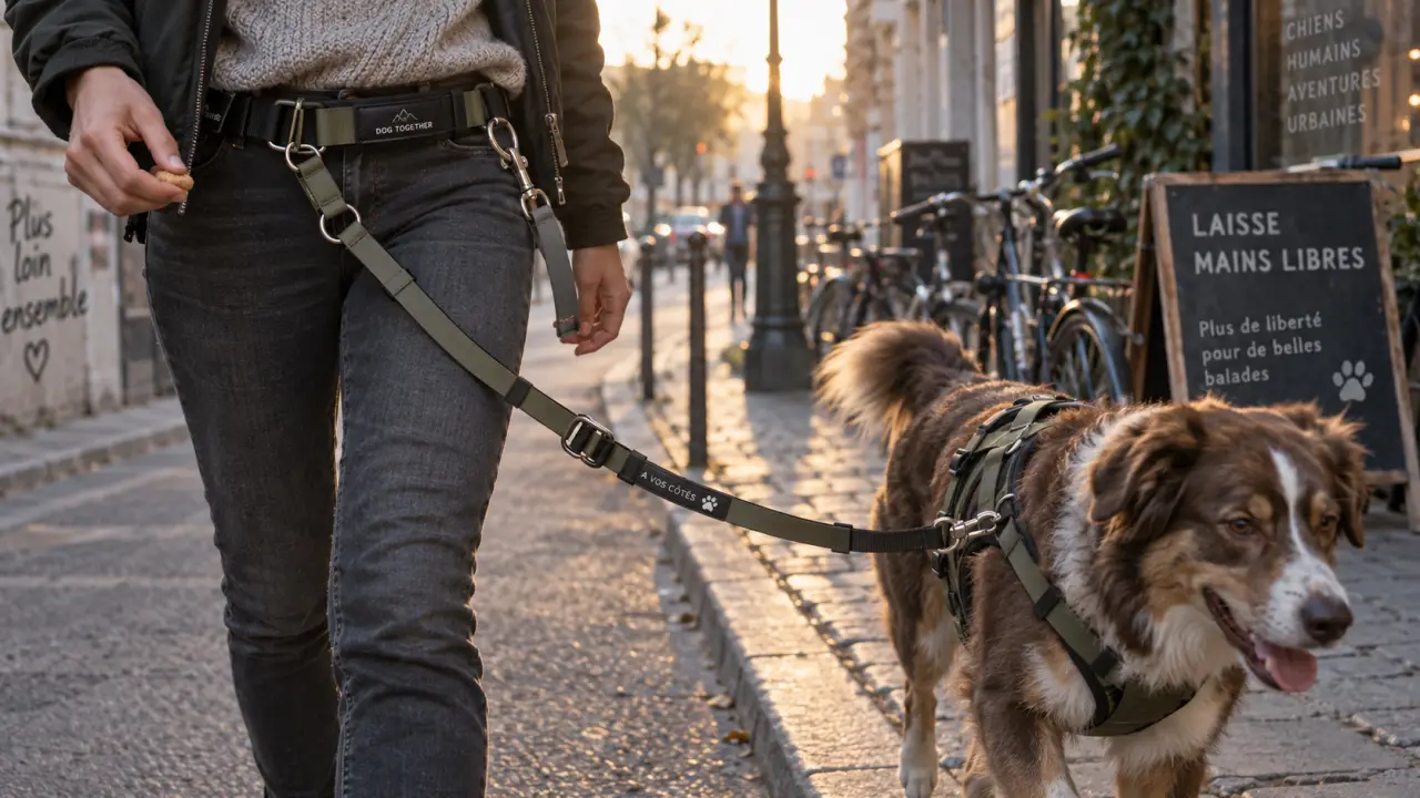 Laisse chien main libre : l’adulte tient une friandise, contrôle au trottoir
